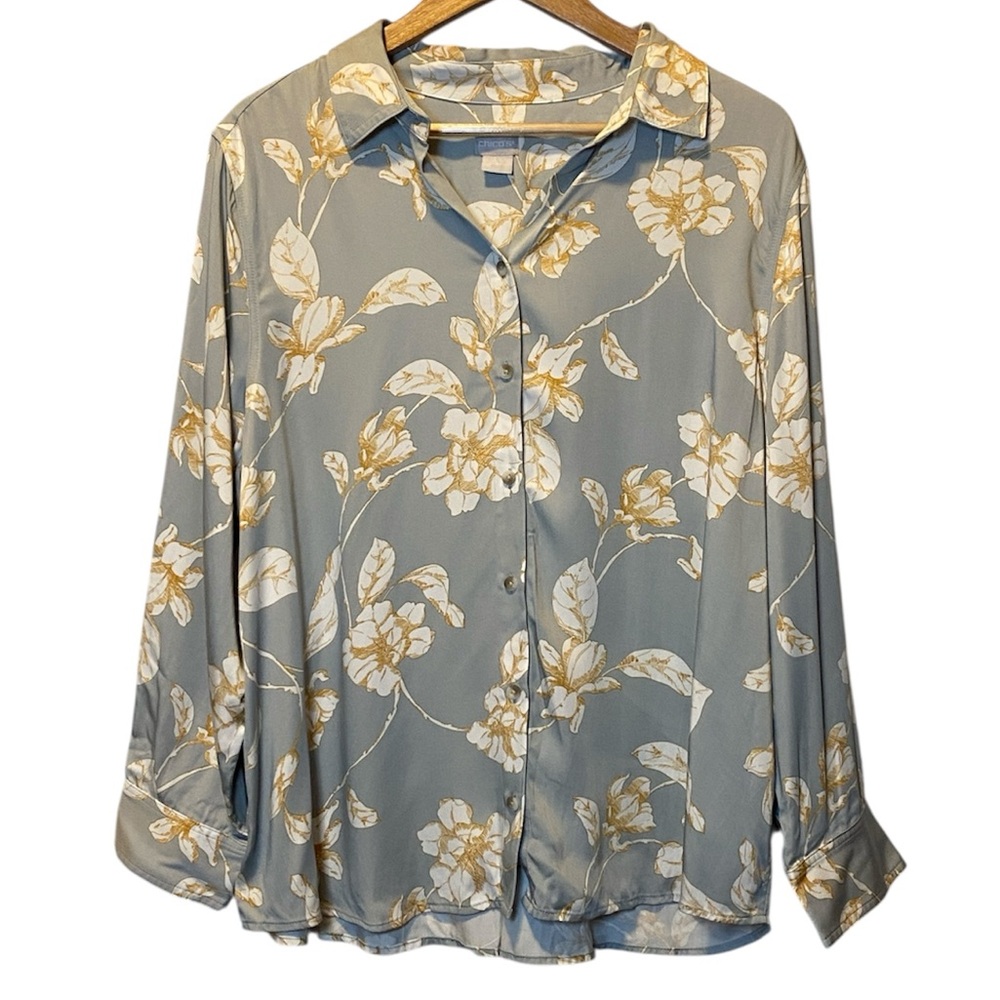 Chico's Sandwashed Satin Easy Shirt Women’s 3P Gray Floral Button Up Long Sleeve